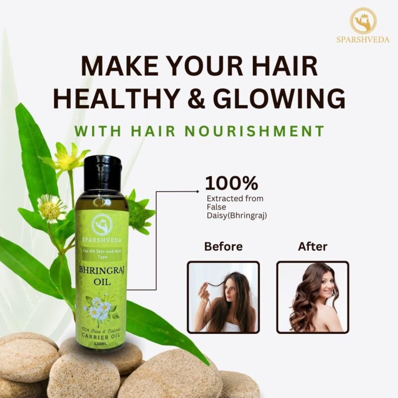 Bhringraj oil, cold-pressed oil, natural hair growth, hair nourishment, scalp treatment, hair fall reduction, dandruff control, premature graying prevention, hair strength, herbal oil, Ayurveda, hair health, deep conditioning, hair rejuvenation, scalp health, antioxidant-rich, pure bhringraj oil, organic, hair shine, natural hair care.