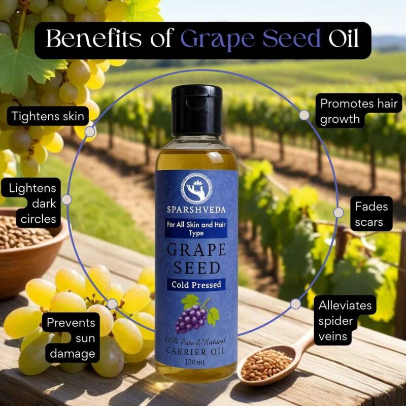 Sparshveda's Grape Seed Cold-Pressed Oil is a lightweight, nutrient-rich oil, meticulously extracted to preserve its high antioxidant content, making it ideal for both skincare and haircare. This pure, cold-pressed oil is known for its ability to moisturize without clogging pores, promote a youthful complexion, and add shine to hair, offering a versatile and natural solution for your beauty routine.