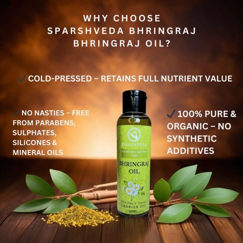 Bhringraj oil, cold-pressed oil, natural hair growth, hair nourishment, scalp treatment, hair fall reduction, dandruff control, premature graying prevention, hair strength, herbal oil, Ayurveda, hair health, deep conditioning, hair rejuvenation, scalp health, antioxidant-rich, pure bhringraj oil, organic, hair shine, natural hair care.