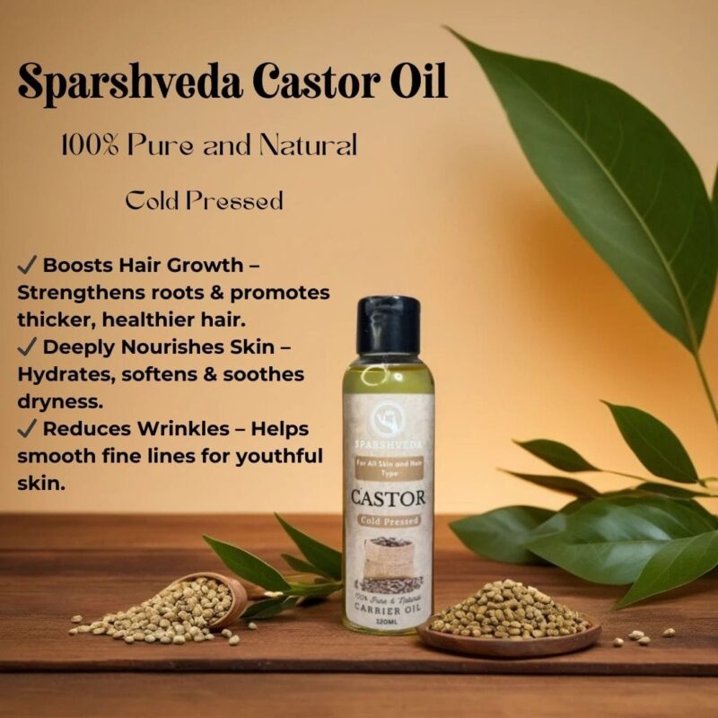 Sparshveda's Castor Cold-Pressed Oil offers a pure and natural solution for a variety of needs, from promoting healthy hair growth and thickening eyebrows and eyelashes, to nourishing dry skin and providing versatile benefits for overall wellness; this organic, cold-pressed castor oil retains its potent nutrients, making it the best choice for those seeking a natural remedy, and is readily available for purchase online.
