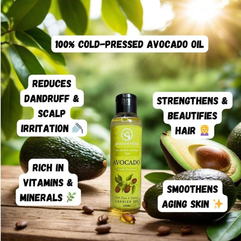 Avocado, cold-pressed oil, natural moisturizer, skin hydration, hair nourishment, essential fatty acids, vitamins, antioxidants, radiant skin, healthy hair, scalp treatment, anti-aging, lightweight oil, deep conditioning, natural beauty, premium avocado oil, versatile oil, non-greasy, organic, pure avocado oil.