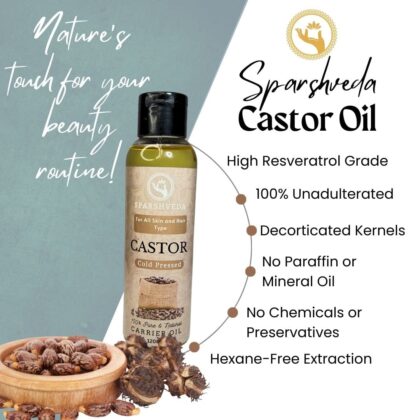Sparshveda's Castor Cold-Pressed Oil offers a pure and natural solution for a variety of needs, from promoting healthy hair growth and thickening eyebrows and eyelashes, to nourishing dry skin and providing versatile benefits for overall wellness; this organic, cold-pressed castor oil retains its potent nutrients, making it the best choice for those seeking a natural remedy, and is readily available for purchase online.