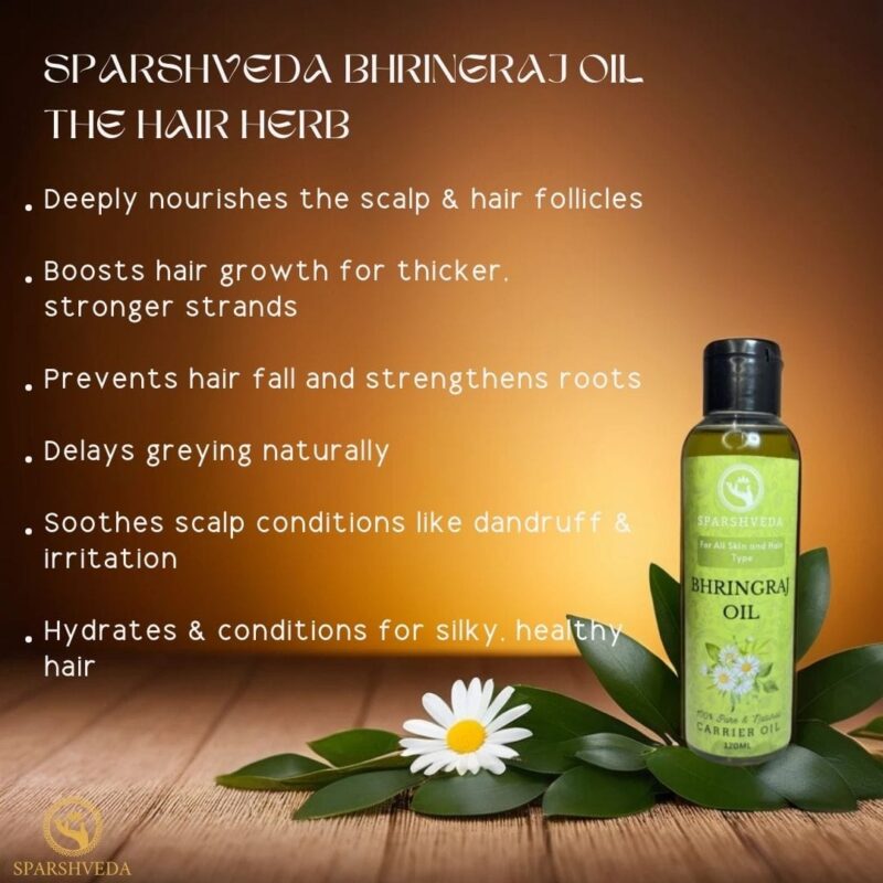 Bhringraj oil, cold-pressed oil, natural hair growth, hair nourishment, scalp treatment, hair fall reduction, dandruff control, premature graying prevention, hair strength, herbal oil, Ayurveda, hair health, deep conditioning, hair rejuvenation, scalp health, antioxidant-rich, pure bhringraj oil, organic, hair shine, natural hair care.