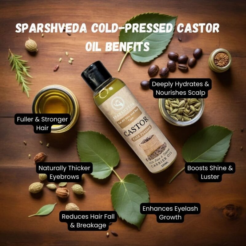Sparshveda's Castor Cold-Pressed Oil offers a pure and natural solution for a variety of needs, from promoting healthy hair growth and thickening eyebrows and eyelashes, to nourishing dry skin and providing versatile benefits for overall wellness; this organic, cold-pressed castor oil retains its potent nutrients, making it the best choice for those seeking a natural remedy, and is readily available for purchase online.