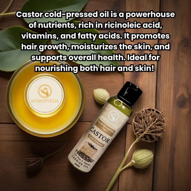Sparshveda's Castor Cold-Pressed Oil offers a pure and natural solution for a variety of needs, from promoting healthy hair growth and thickening eyebrows and eyelashes, to nourishing dry skin and providing versatile benefits for overall wellness; this organic, cold-pressed castor oil retains its potent nutrients, making it the best choice for those seeking a natural remedy, and is readily available for purchase online.