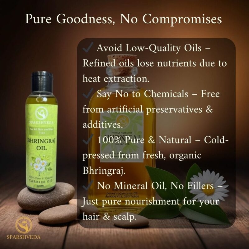 Bhringraj oil, cold-pressed oil, natural hair growth, hair nourishment, scalp treatment, hair fall reduction, dandruff control, premature graying prevention, hair strength, herbal oil, Ayurveda, hair health, deep conditioning, hair rejuvenation, scalp health, antioxidant-rich, pure bhringraj oil, organic, hair shine, natural hair care.
