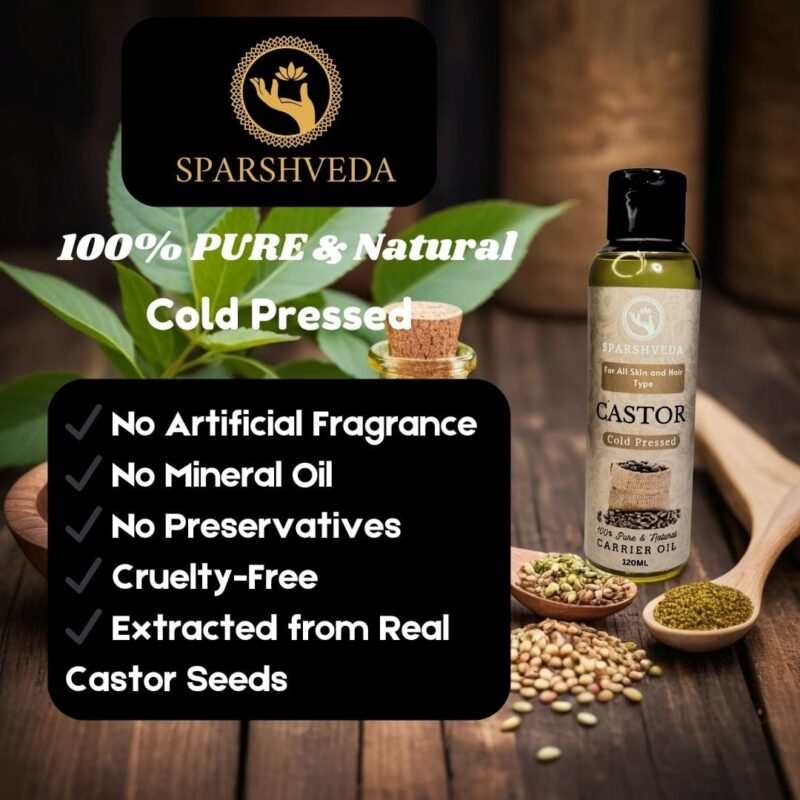 Sparshveda's Castor Cold-Pressed Oil offers a pure and natural solution for a variety of needs, from promoting healthy hair growth and thickening eyebrows and eyelashes, to nourishing dry skin and providing versatile benefits for overall wellness; this organic, cold-pressed castor oil retains its potent nutrients, making it the best choice for those seeking a natural remedy, and is readily available for purchase online.