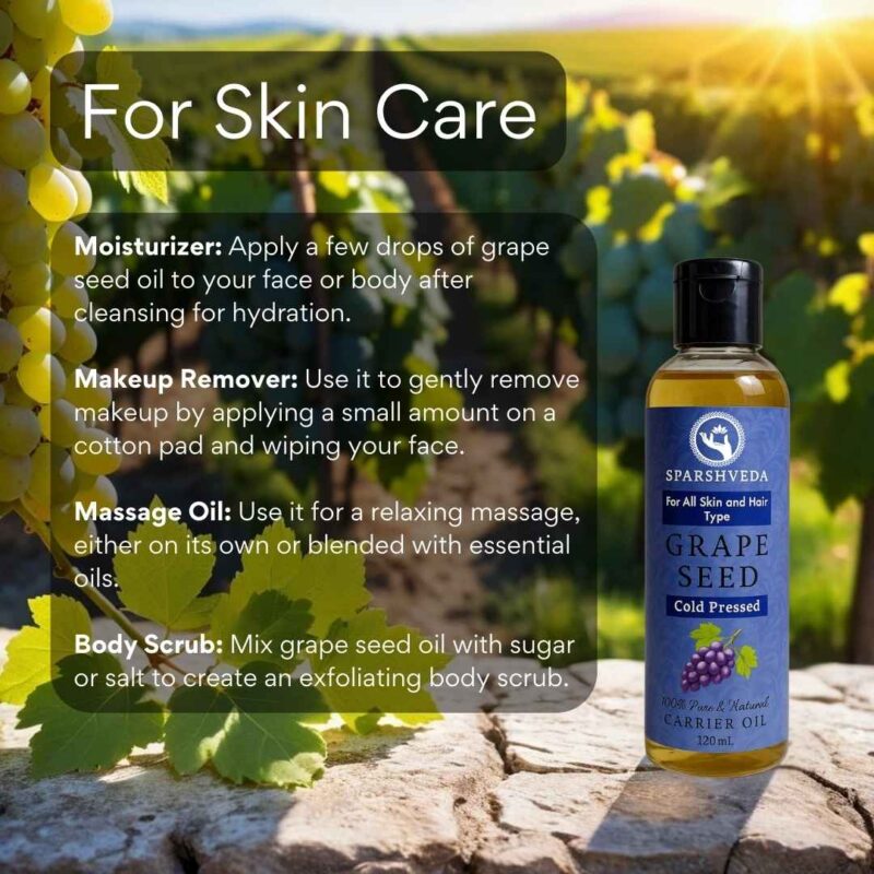 Sparshveda's Grape Seed Cold-Pressed Oil is a lightweight, nutrient-rich oil, meticulously extracted to preserve its high antioxidant content, making it ideal for both skincare and haircare. This pure, cold-pressed oil is known for its ability to moisturize without clogging pores, promote a youthful complexion, and add shine to hair, offering a versatile and natural solution for your beauty routine.