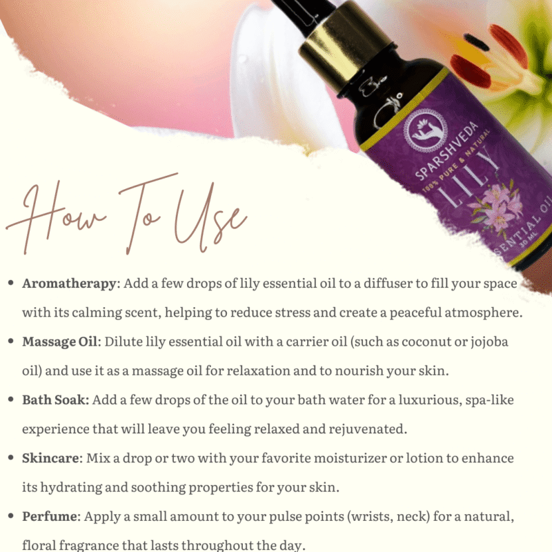 lily essential oil benefits," "lily essential oil uses," "lily oil for skin," "lily oil aromatherapy," "lily oil diffuser," "lily oil for hair," "lily oil stress relief," "lily oil relaxation," "lily oil skincare," and "lily oil massage.